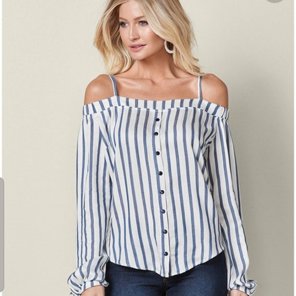 VENUS White and Blue Striped Off-Shoulder Button Down Shirt